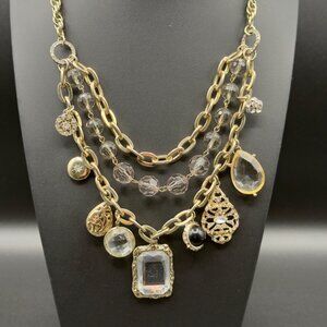 Multi Layer Gold Tone Statement Necklace Charms Locket Rhinestone Crystal Beads